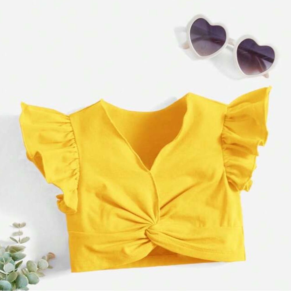 SHEIN Yellow Twist Front Ruffle Blouse